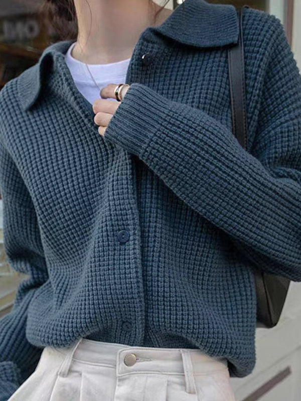Solid Waffle Lapel Neck Cardigan