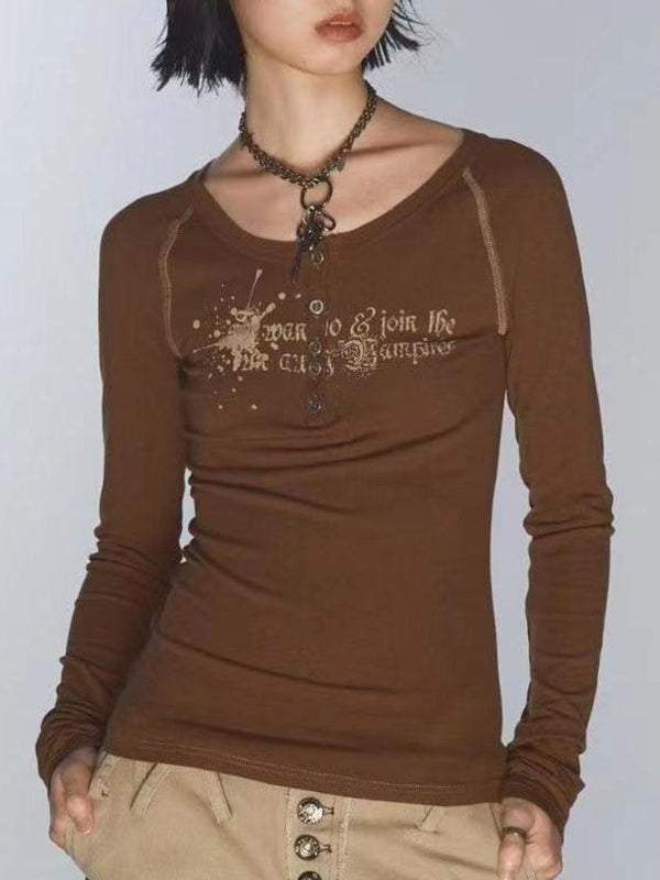 Vintage Print V Neck Breasted Long Sleeve Tee