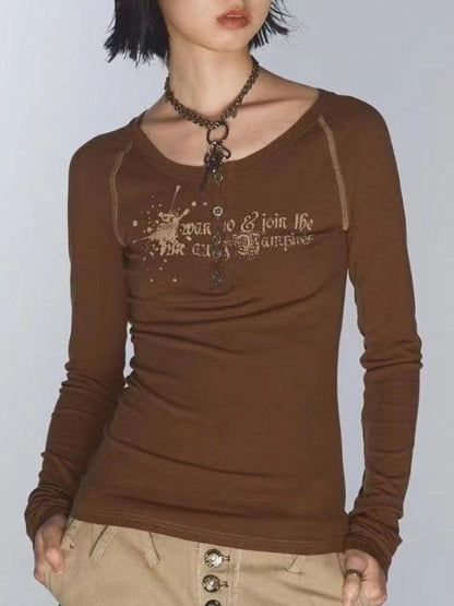 Vintage Print V Neck Breasted Long Sleeve Tee