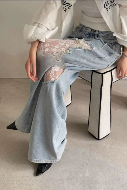Lace Patchwork Ripped Loose Jeans