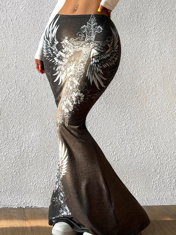 Cross-Wing Print Fishtail Midi Skirt