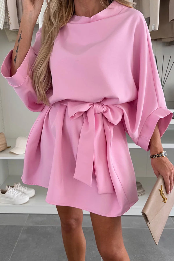 Solid Color Loose Round Neck Belted Mini Dress