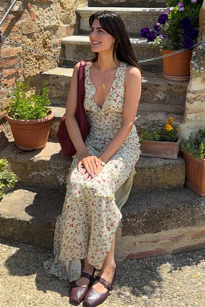 V Neck Halter Floral Ruffled Slim Floral Dress