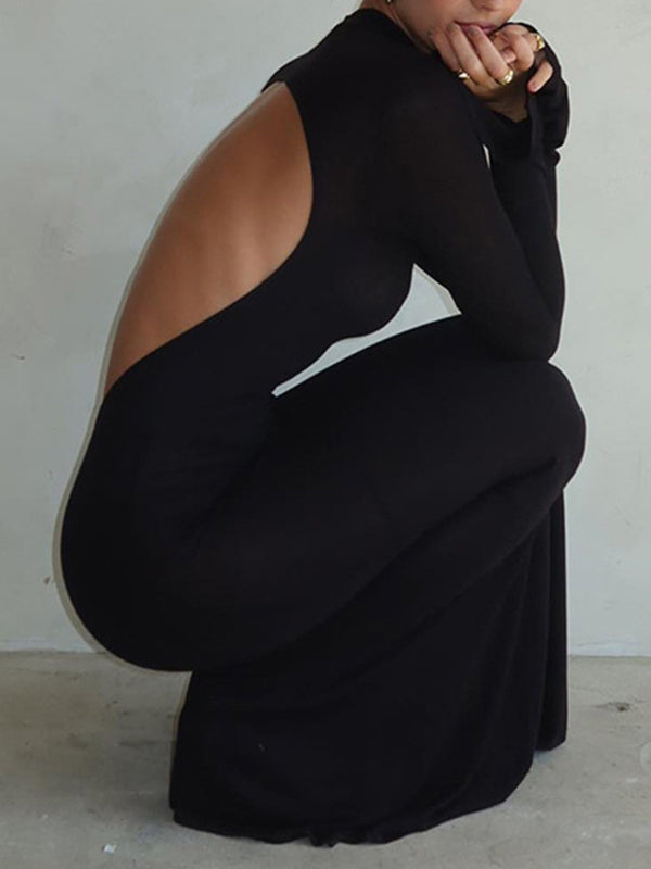 Solid Crew Neck Backless Long Sleeve Maxi Dress