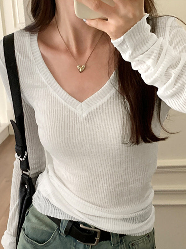 Ribbed V Neck Slim Long Sleeve Knit