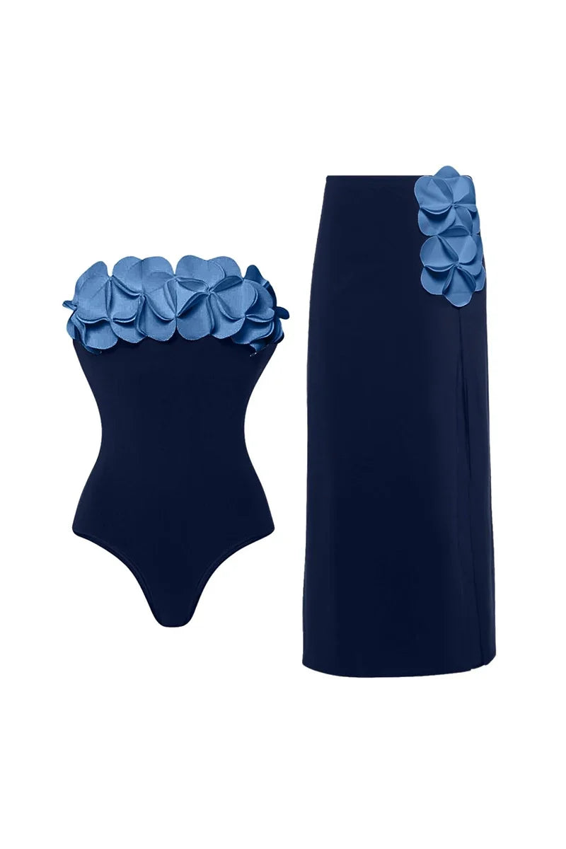 Traje de baño sin tirantes con estampado floral 3D azul