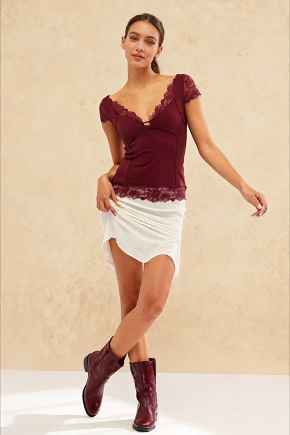 Vintage T-shirts V Neck Short Sleeve Backless Lace Patchwork Summer Party Slim Fit Tees Streetwear 2024 Crop Top