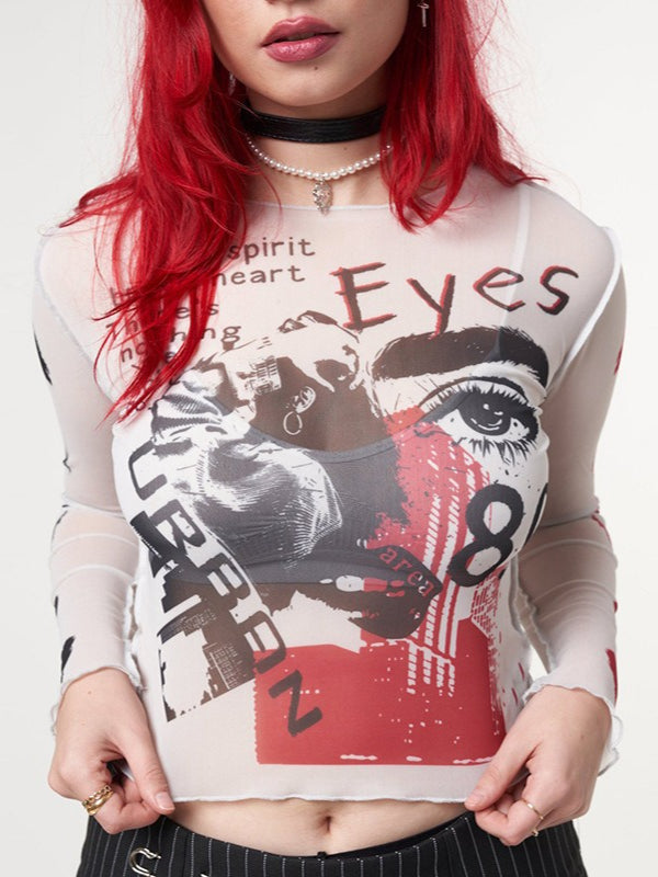 Gothic Punk Long Sleeve Printed Mesh Top