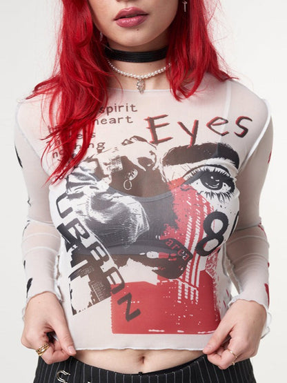 Gothic Punk Long Sleeve Printed Mesh Top