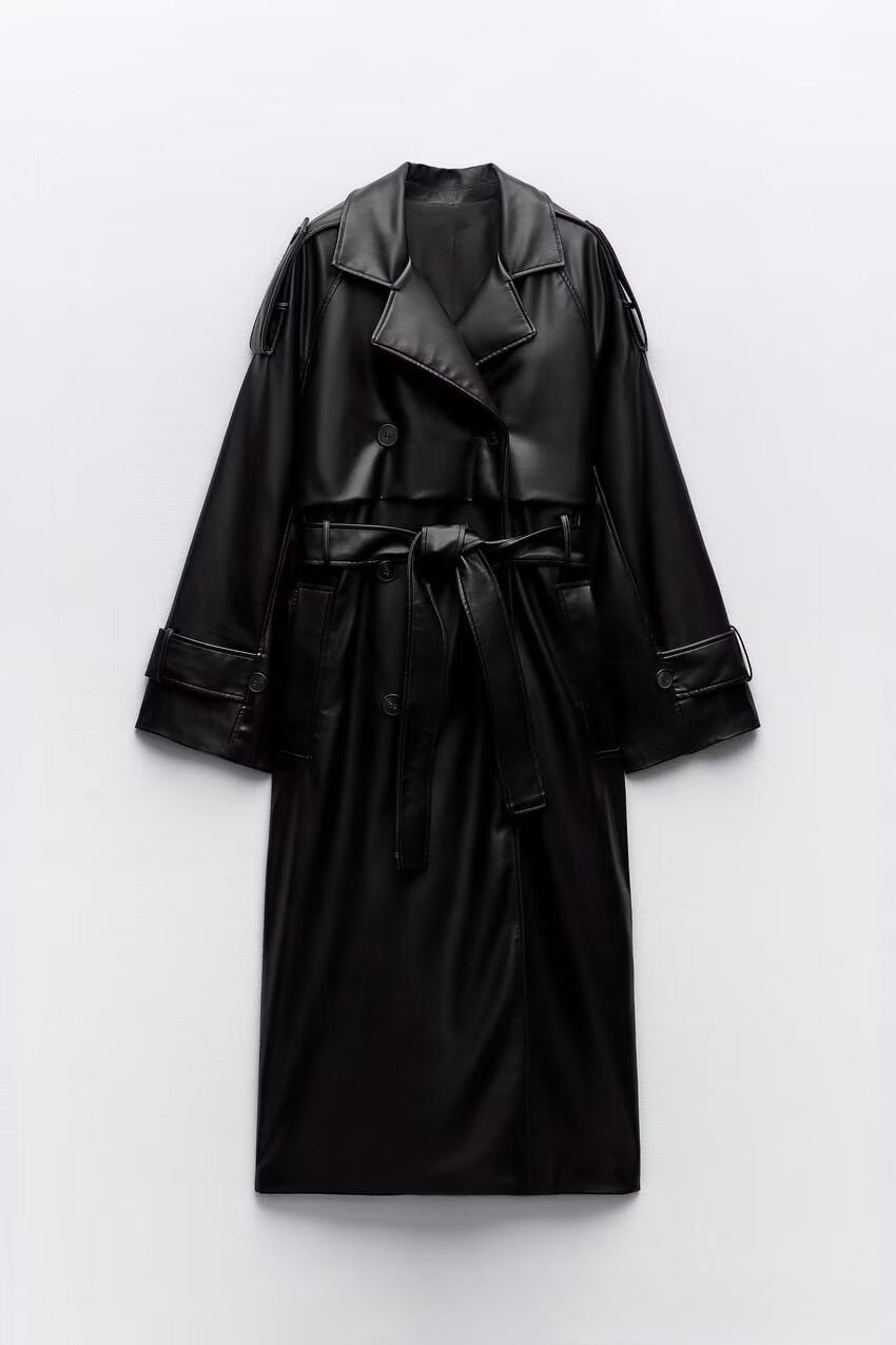 Belted Faux Leather Oversized Long Trench Coat