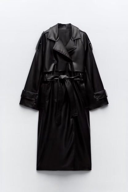 Belted Faux Leather Oversized Long Trench Coat