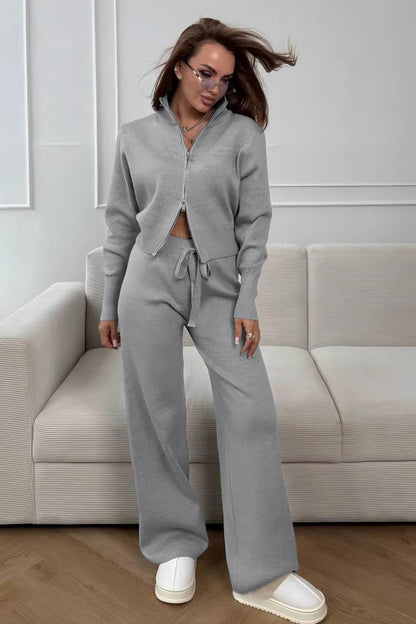 Long Sleeve Zippered Cardigan Knit Set