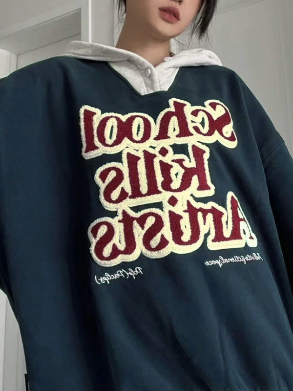 Contrast Color Flocking Letter Embroidery Oversized Hoodie