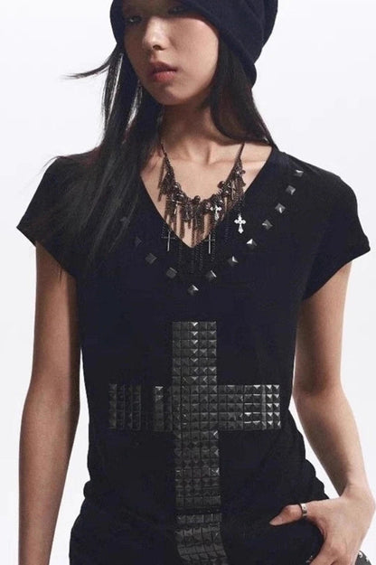 Foil Cross Loose V-Neck T-Shirt