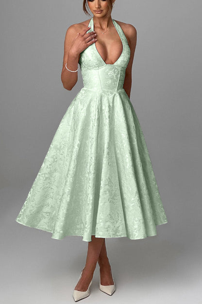 Stylish Jacquard Halter Neck Fitted Waist Open Back Elegant Midi Dress