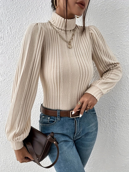 Elegante jersey de cuello alto acanalado beige para mujer | Ideal para otoño/invierno