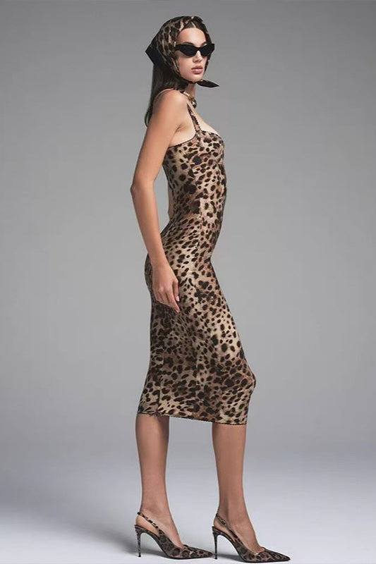 Leopard Print Bodycon Spaghetti Midi Dress