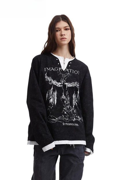 Vintage Punk Pearl-button Layered Long Sleeve Knit Top
