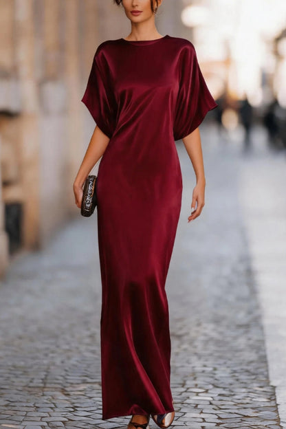 Solid Color Round Neck Short-sleeved Elegant Draped Maxi Dress