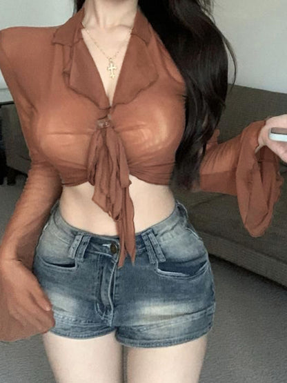 Lace Up Sheer Mesh Cropped Long Sleeve Blouse