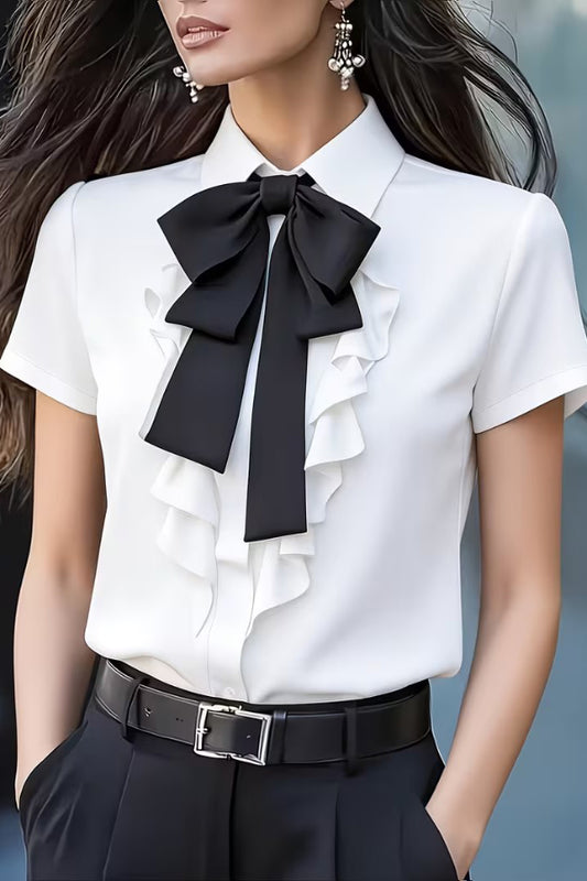Solid Color Tie-neck Ruffle Collar Short-sleeved Casual Shirt