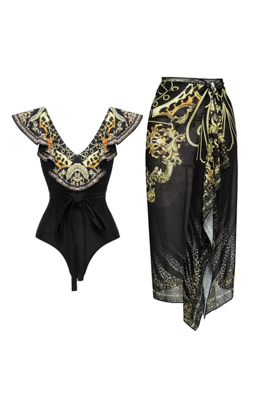 Conjunto de traje de baño con lazo y volantes con estampado dorado y negro