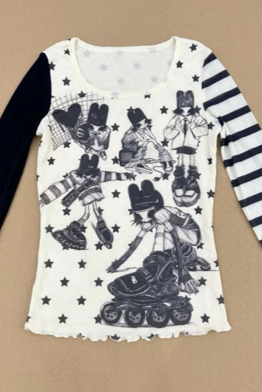 Y2K Star Stripe Asym Patchwork Slim Long Sleeve T-shirt