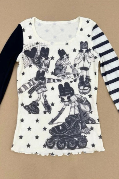 Y2K Star Stripe Asym Patchwork Slim Long Sleeve T-shirt