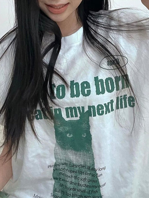 Cat Letter Print Oversized Short Sleeve Tee