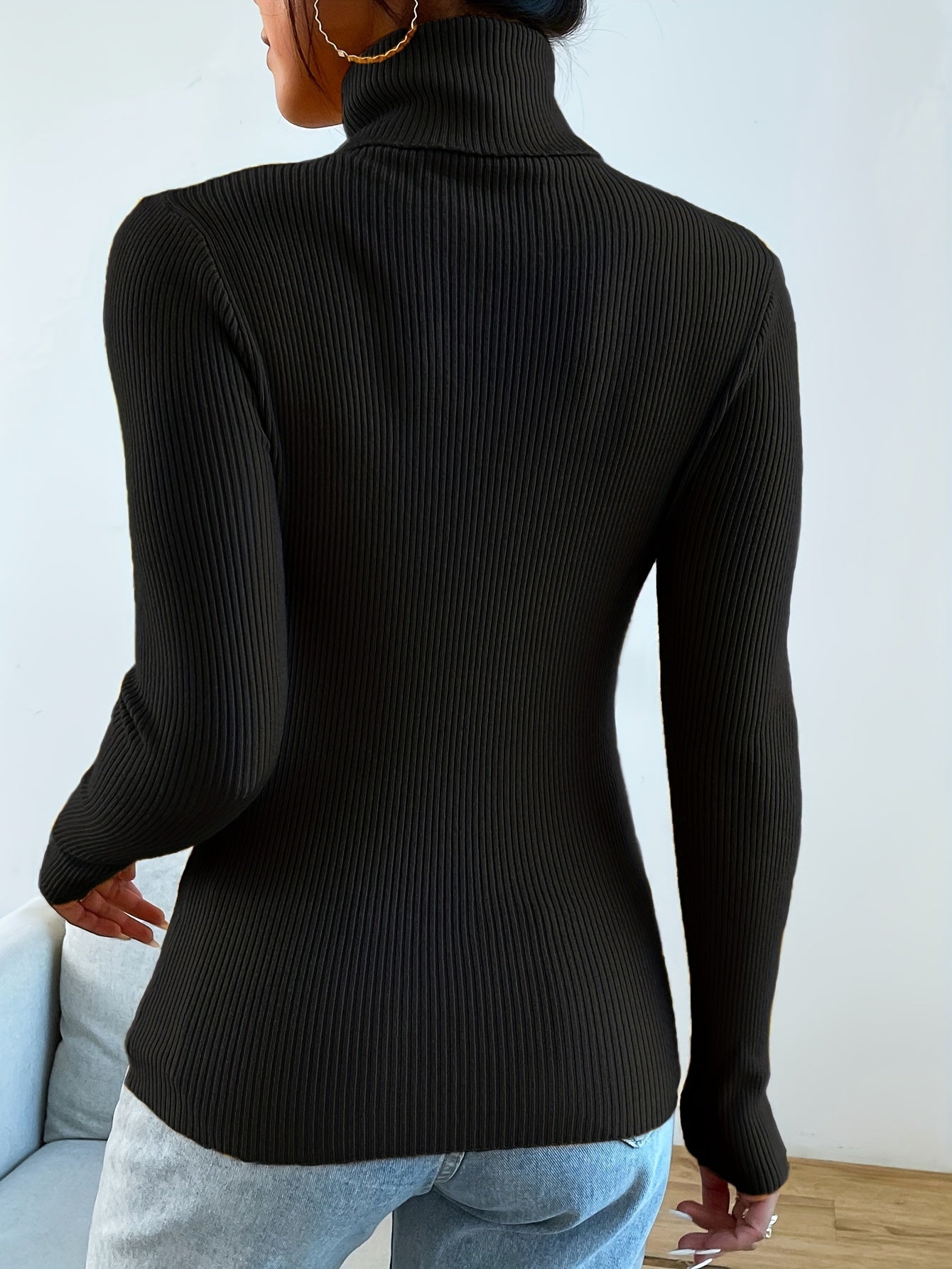 Suéter de cuello alto acanalado negro, ajustado y acogedor para mujer | Ideal para otoño/invierno