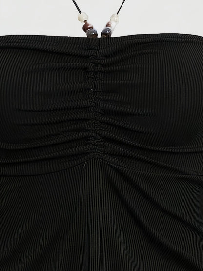Solid Color Stretchy Polyester Blend Halter Neck Top - Y2K-Inspired Beaded Detail, Perfect for All Seasons