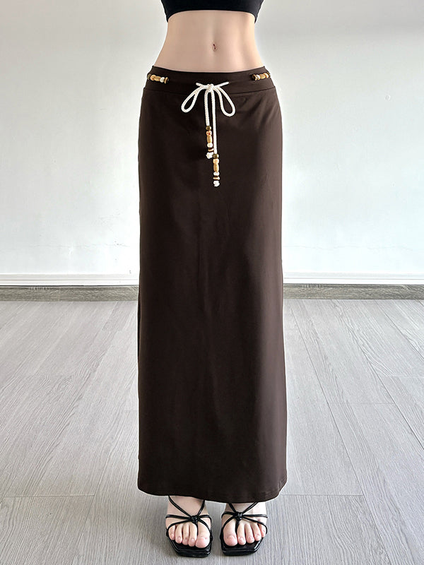 Retro Brown Beaded Lace-Up Maxi Skirt