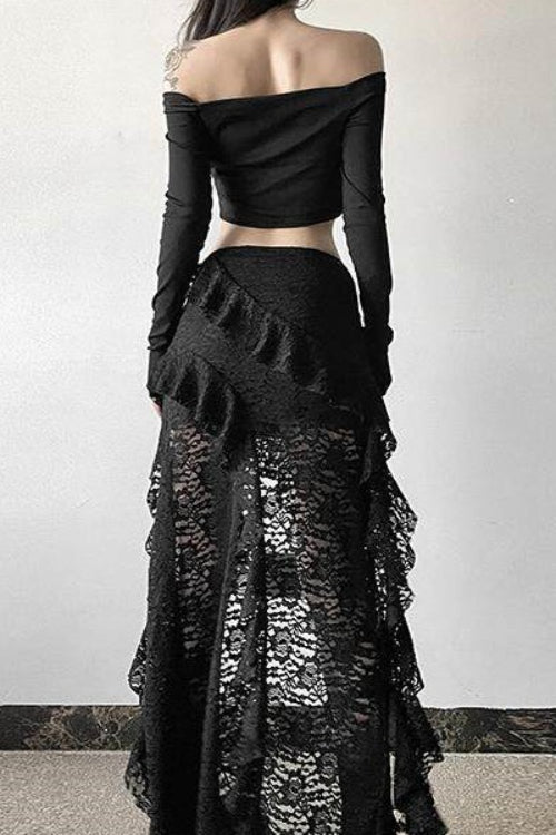 Punk Gothic Lace Ruffle Irregular Midi Skirt