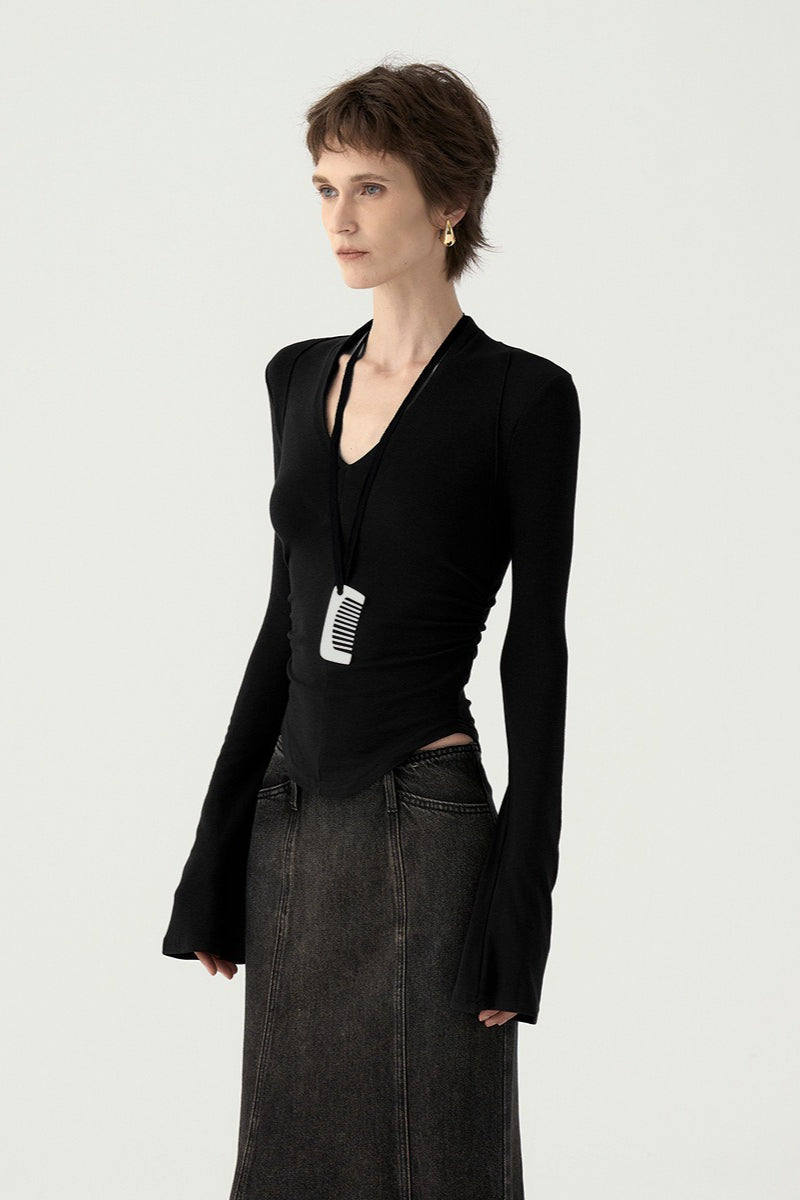 Chic Minimalist V-Neck Fitted Long Sleeve Base Layer