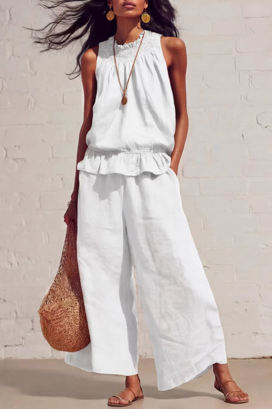 Linen Blend Round Neck Sleeveless Ruffled Top and Elastic Waist Casual Pocket Wide-leg Pants Set