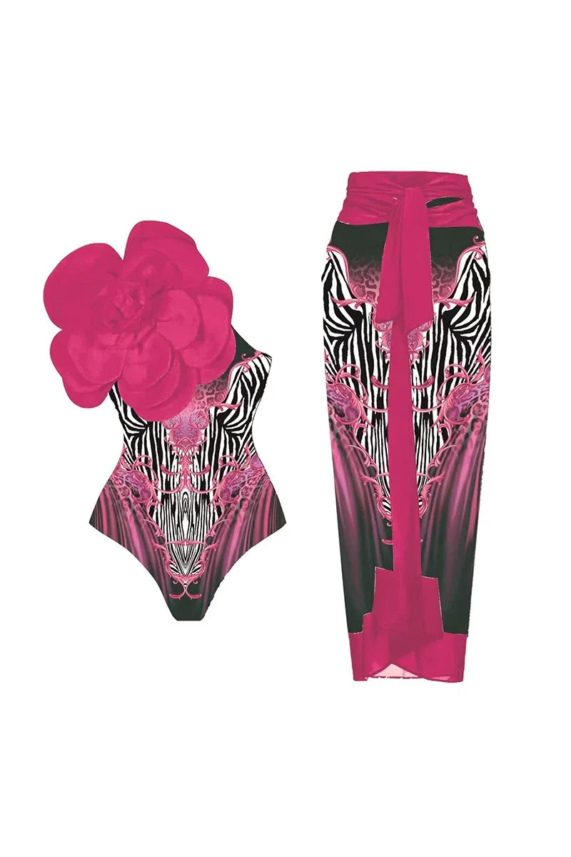 Traje de baño con estampado floral 3D de color magenta