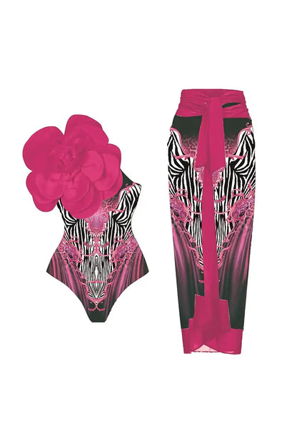 3D Fuchsia Floral Bust Decor Printed Swimsuit