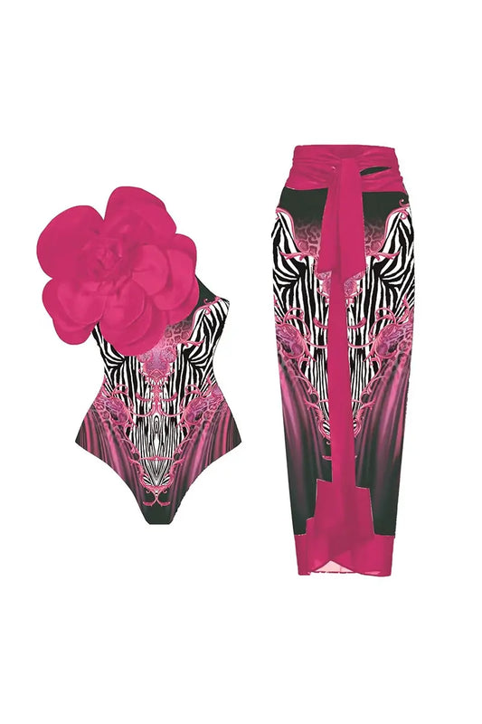 3D Fuchsia Floral Bust Decor Printed Swimsuit