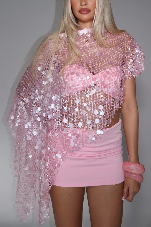 Fashionable Openwork Sequined Asymmetrical Loose-fitting Resort Cover-up