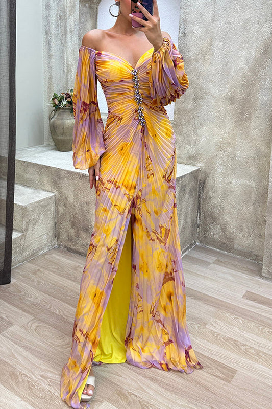 Sunset Serenade Printed Off Shoulder Embellished Pleated Slit Maxi Dress