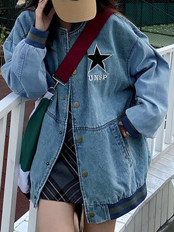 Denim Star Decor Preppy Jacket
