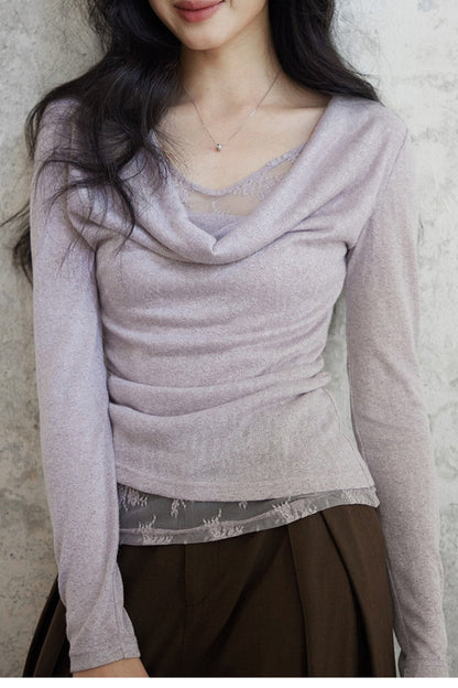 Mock Two Piece Draped Lace Knit Top