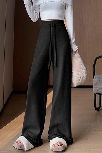 High Waist Fringed Hem Knit Pants