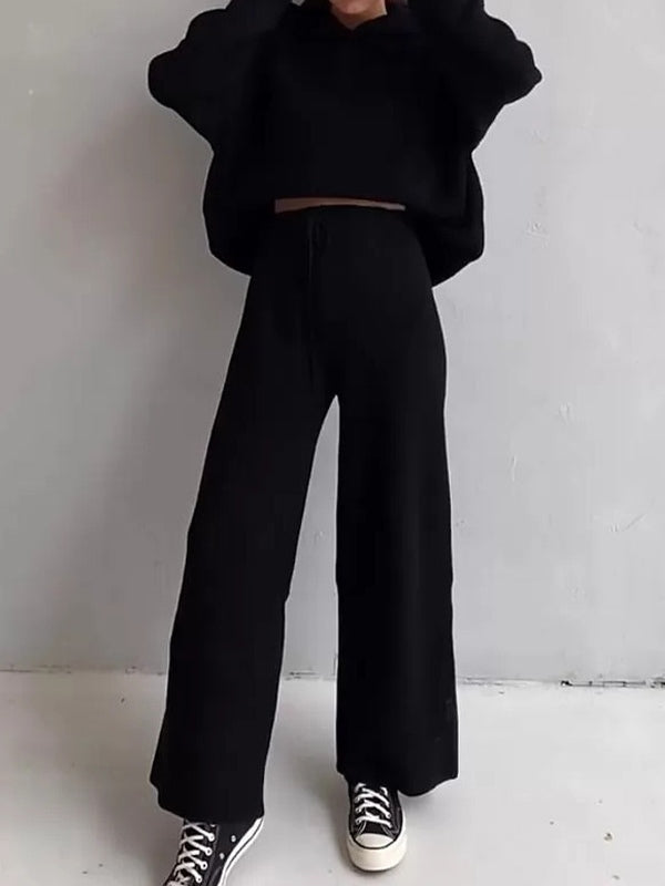 Solid Oversized Hoodie & Drawstring Wide Leg Pants Set