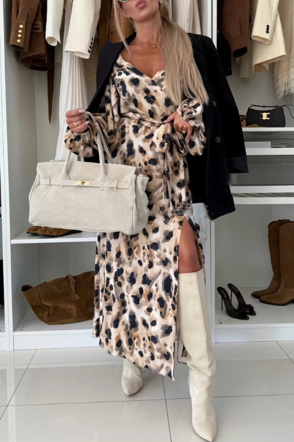 Unique Printed V-neck Long-sleeved Waist Tie Slit Maxi Dress