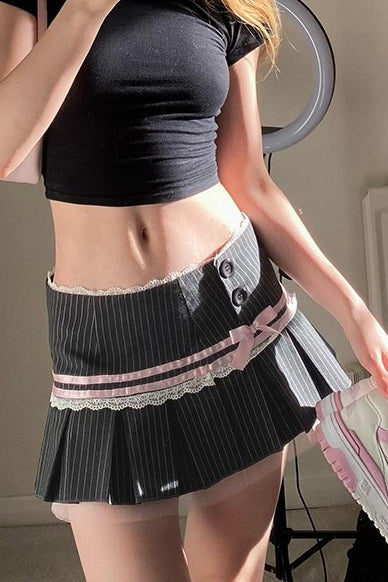 Spice Striped Bow Lace Pleated Patchwork Mini Skirt