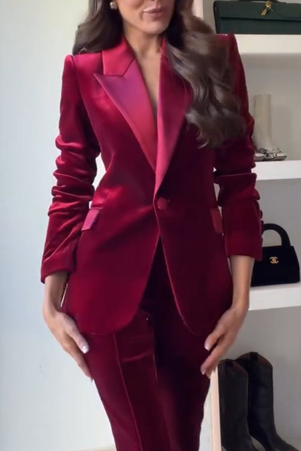 Delicate Daze Velvet Satin Lapel Button Up Long Sleeve Tapered Waist Blazer