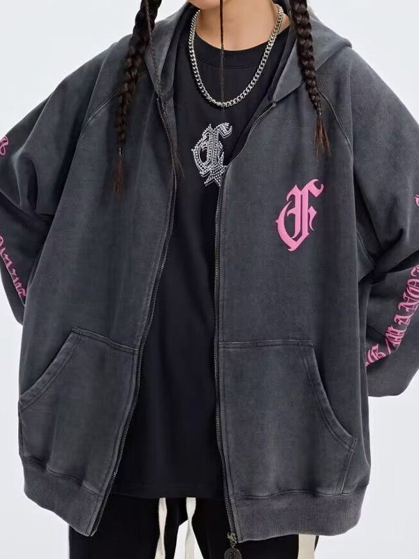 Distressed Contrast Color Embroidered Zip Up Oversized Hoodie