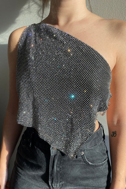 Metallic Mesh Rhinestone Off Shoulder Tank Top
