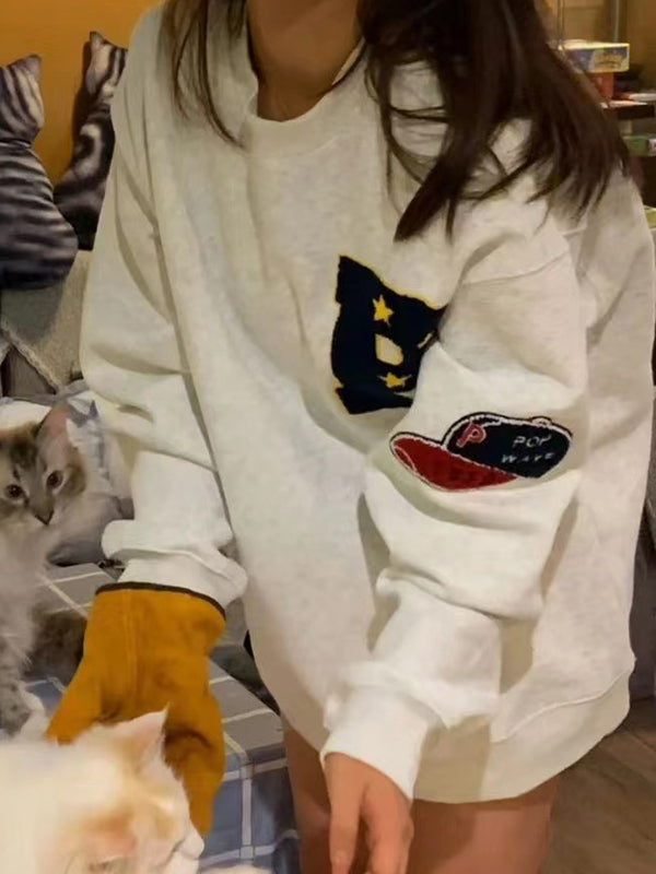 Vintage Flocking Embroidery Embellished Sweatshirt